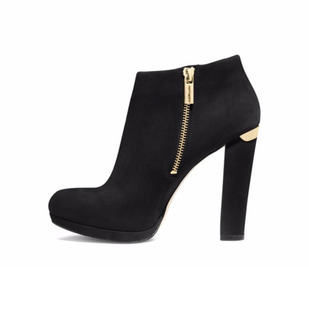 Michael Kors Black Suede Ankle Bootie with Gold Toned Hardware